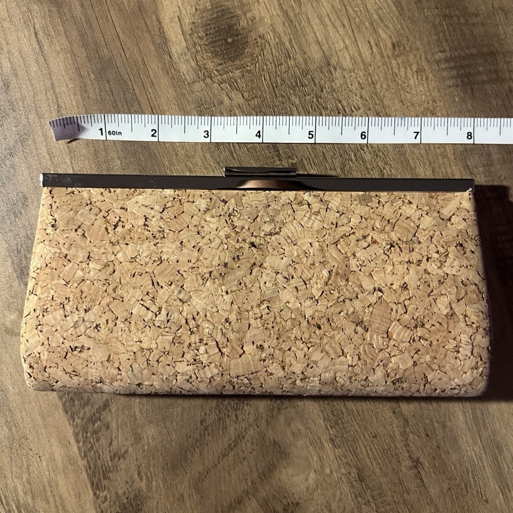 Women's Cork Tan Solid Rectangle Clutch Silver-Tone Clasp Beige Satin Lined